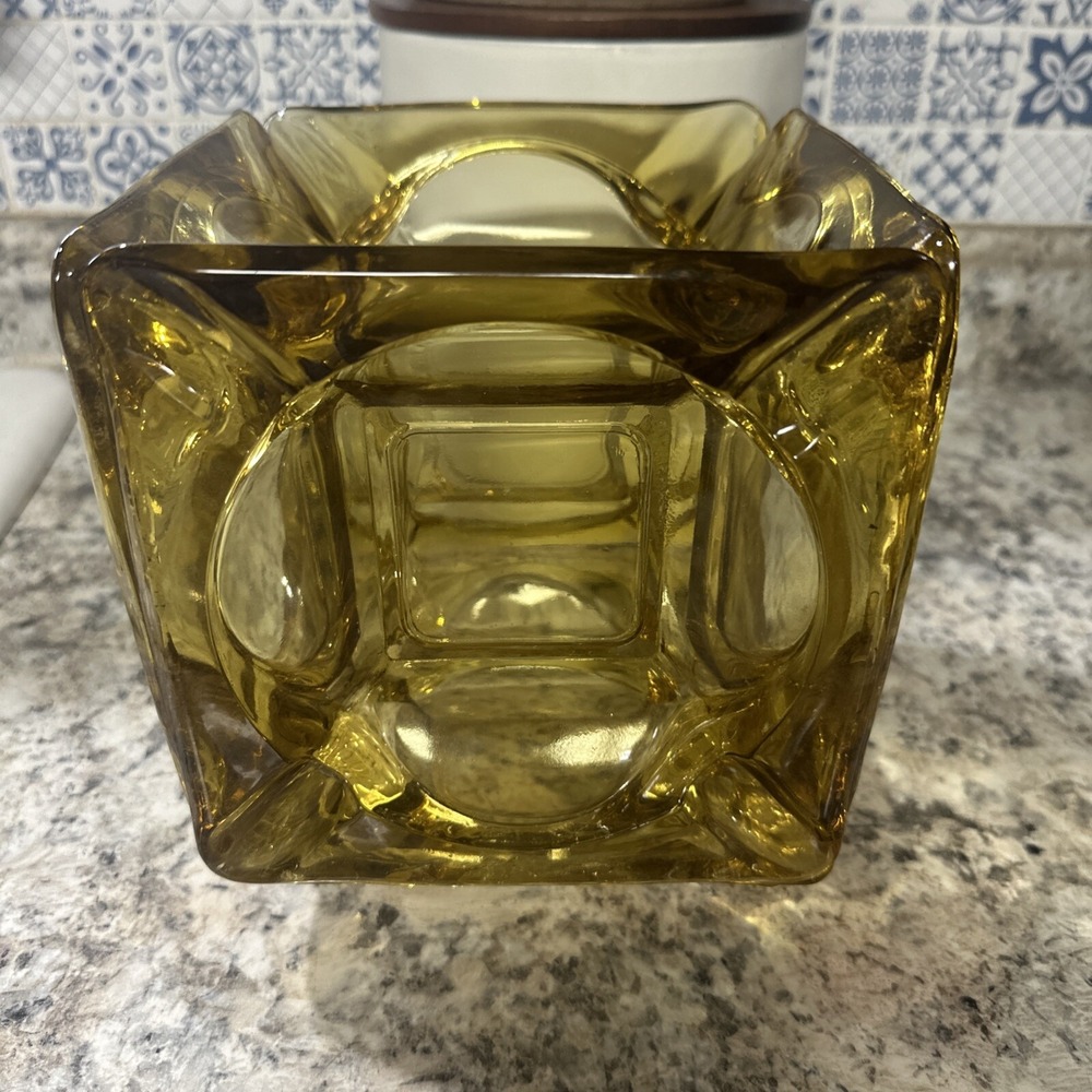 Art Glass Ashtray Amber Vase Planter Candle Holder‎ Sculpture 6" Heavy 70's Vntg